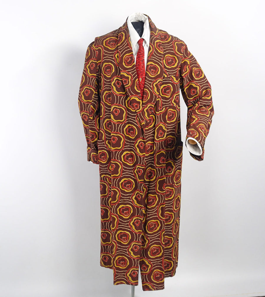 30s 40s Robe Spectacular Art Deco Print Men's Vintage Dressing Gown Brown Orange Yellow VFG