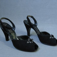 1950s vintage peeptoe heels suede embellished