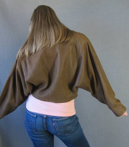 back view, cropped leather jacket with batwing sleeves 