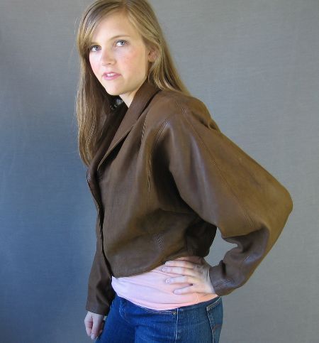 side view, 80s cropped leather bomber jacket