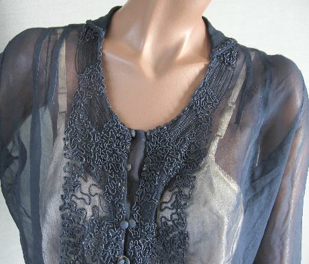 close up, intricate soutache embroidery on 1900s chiffon blouse