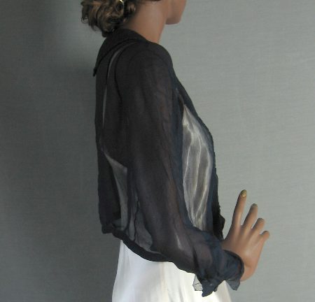 side view, long sleeved 1900s navy blue chiffon blouse