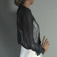 side view, long sleeved 1900s navy blue chiffon blouse
