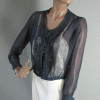 semisheer dark blue chiffon 1900s embroidered blouse