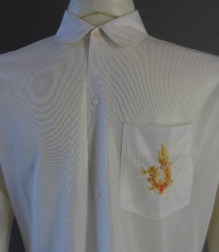closer view, 60s men's collared button up shirt with dragon on pocket