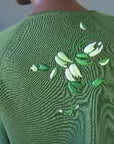 Women's 60s Elsie Tu Sweater Jac Cardigan Vintage Trapunto Embroidery Small VFG Green