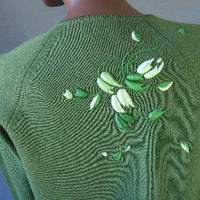 Women's 60s Elsie Tu Sweater Jac Cardigan Vintage Trapunto Embroidery Small VFG Green