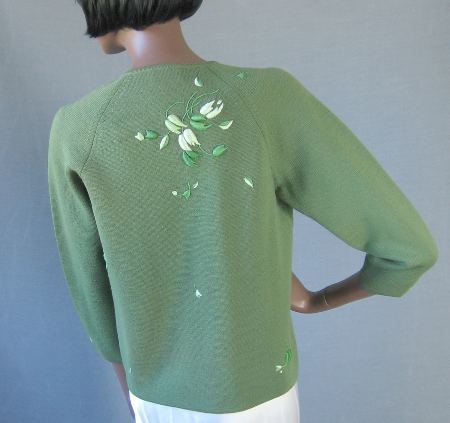 Women's 60s Elsie Tu Sweater Jac Cardigan Vintage Trapunto Embroidery Small VFG Green