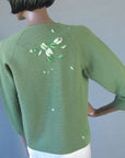 Women's 60s Elsie Tu Sweater Jac Cardigan Vintage Trapunto Embroidery Small VFG Green