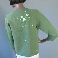 Women's 60s Elsie Tu Sweater Jac Cardigan Vintage Trapunto Embroidery Small VFG Green