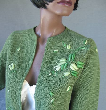 Women's 60s Elsie Tu Sweater Jac Cardigan Vintage Trapunto Embroidery Small VFG Green