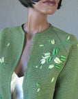 Women's 60s Elsie Tu Sweater Jac Cardigan Vintage Trapunto Embroidery Small VFG Green