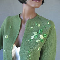 Women's 60s Elsie Tu Sweater Jac Cardigan Vintage Trapunto Embroidery Small VFG Green