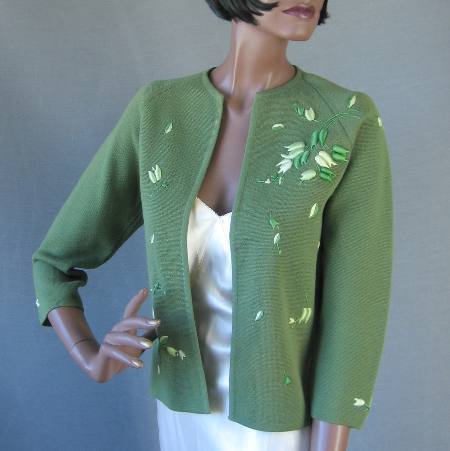 Women's 60s Elsie Tu Sweater Jac Cardigan Vintage Trapunto Embroidery Small VFG Green