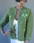 Women's 60s Elsie Tu Sweater Jac Cardigan Vintage Trapunto Embroidery Small VFG Green