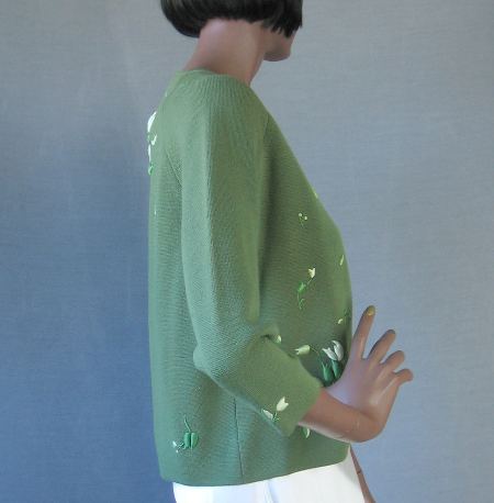 Women's 60s Elsie Tu Sweater Jac Cardigan Vintage Trapunto Embroidery Small VFG Green