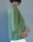 Women's 60s Elsie Tu Sweater Jac Cardigan Vintage Trapunto Embroidery Small VFG Green