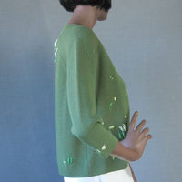 Women's 60s Elsie Tu Sweater Jac Cardigan Vintage Trapunto Embroidery Small VFG Green