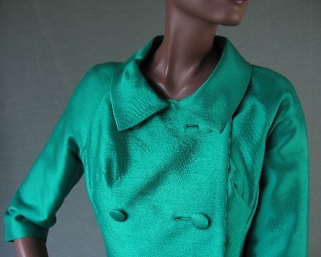 closer view, emerald green double breasted jacket with large collar