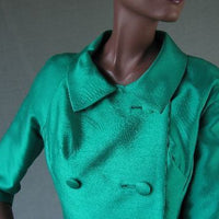closer view, emerald green double breasted jacket with large collar