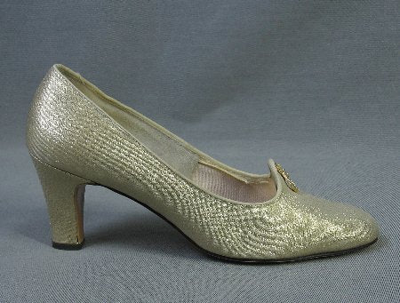 Women's Vintage 60s Pumps by Enna Jetticks Heels Shoes Gold Lame Rhinestone 7.5 VFG