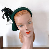 another view, 40s 50s casque hat with rooster feather accent