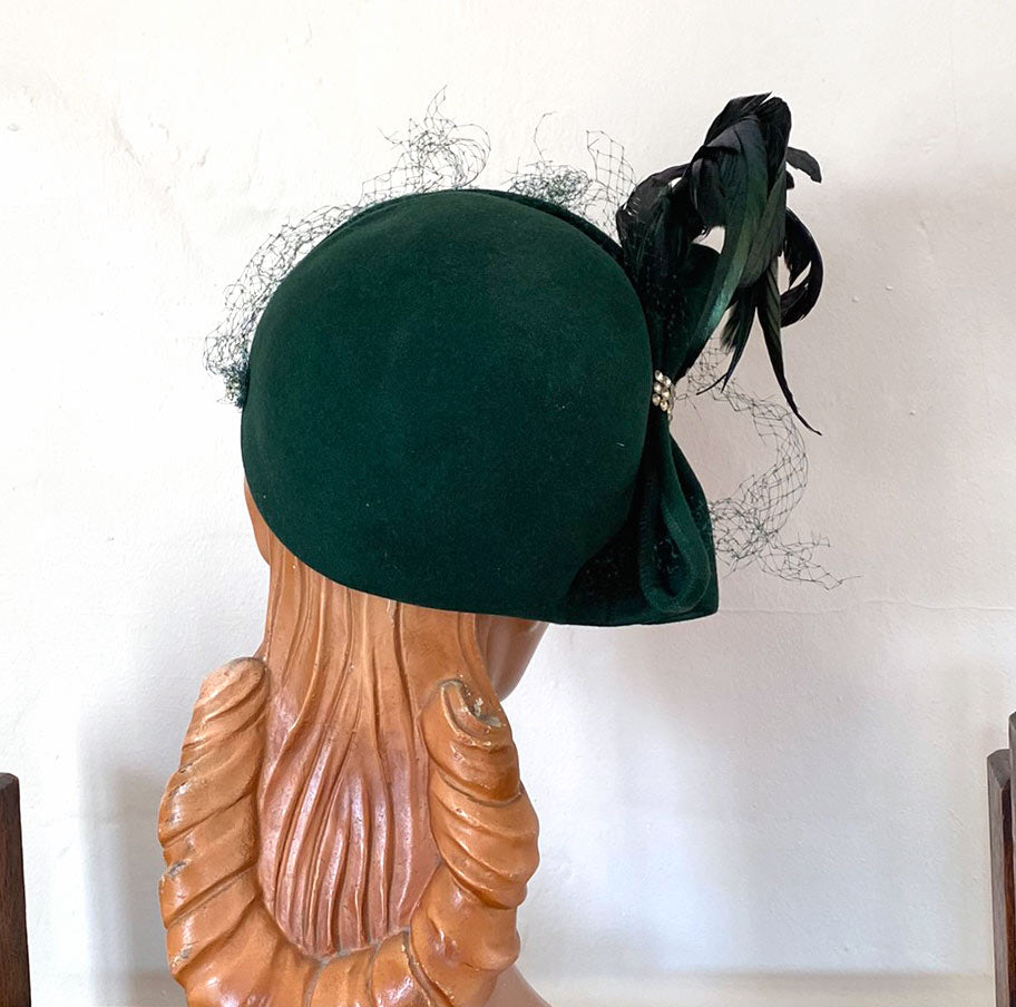 another back view, 40s 50s formal hat with feather and rhinestone trim