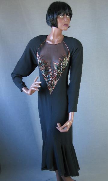 80s cocktail dress with sheer very low neckline and strategically placed beaded flames