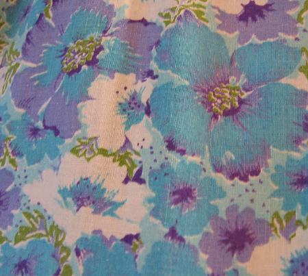 close up, floral print , blue and purple, 50s dress
