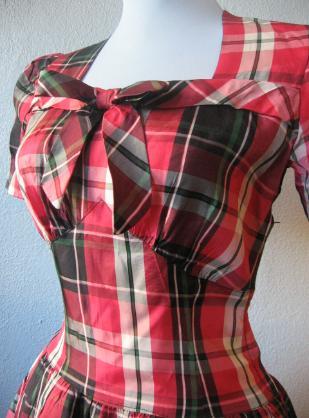 another view of bodice, 40s plaid formal with fitted waist and squared necklin e