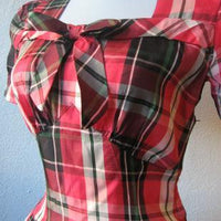 another view of bodice, 40s plaid formal with fitted waist and squared necklin e