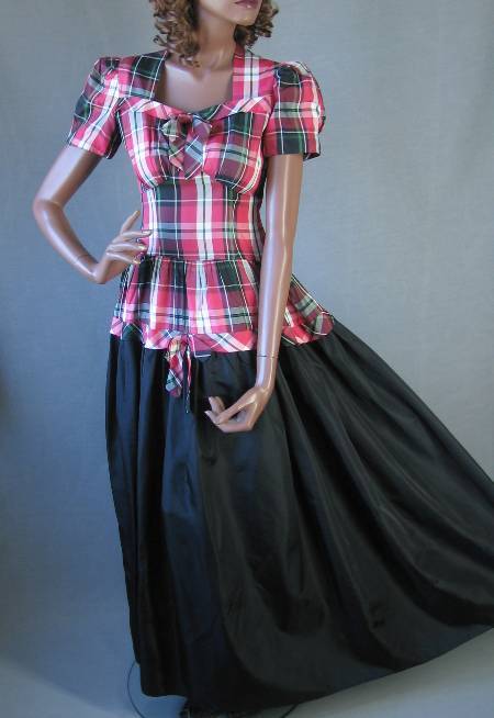 1940s taffeta formal dress black and red tartan plaid