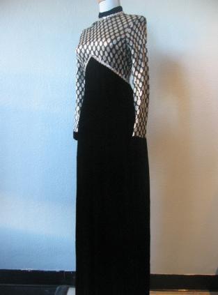 70s wither holiday long dress black velvet with silver 