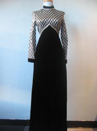 long evening dress, 1970s silver sparkle empire waist with black velvet skirt