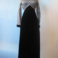 long evening dress, 1970s silver sparkle empire waist with black velvet skirt