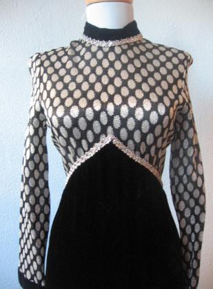 bodice, 1970s vintage maxi dress silver polka dots and braid trim