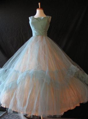 1950s strapless prom dress with full ruffled net skirt