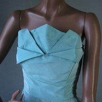 another view of 50s prom dress bodice, strapless with fold down petal bust