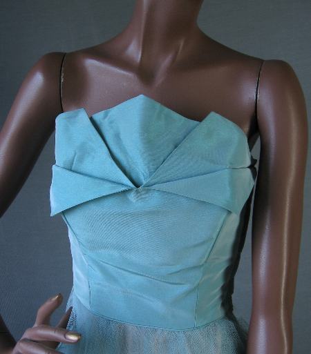 another view of 50s prom dress bodice, strapless with fold down petal bust