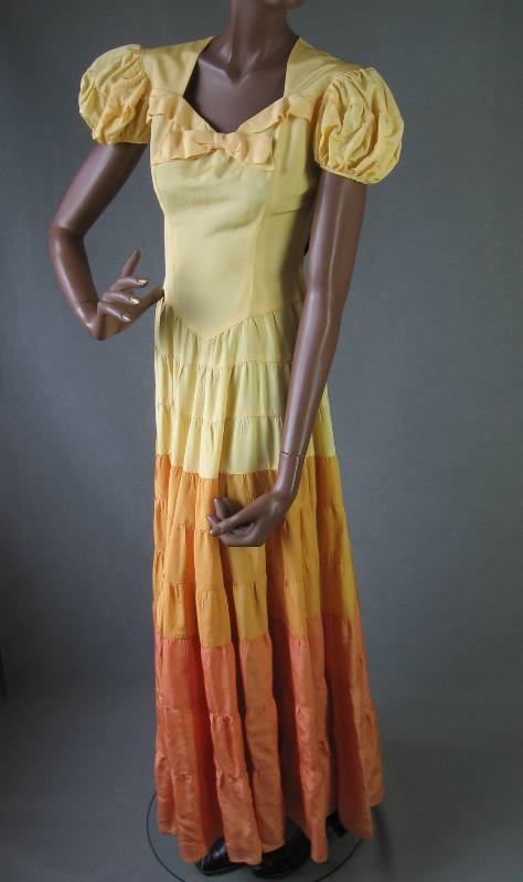 30s 40s Women's Dress Vintage Tiered Full Skirt Long Sunset Colors Ombre VFG Extra Small Small