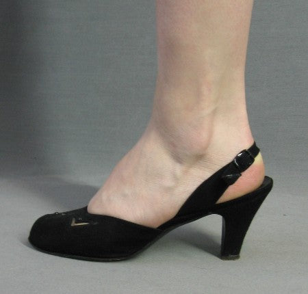 side view, vintage 1950s slingback suede heels