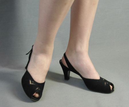 another view, 50s vintage black suede peeptoe slingback heels