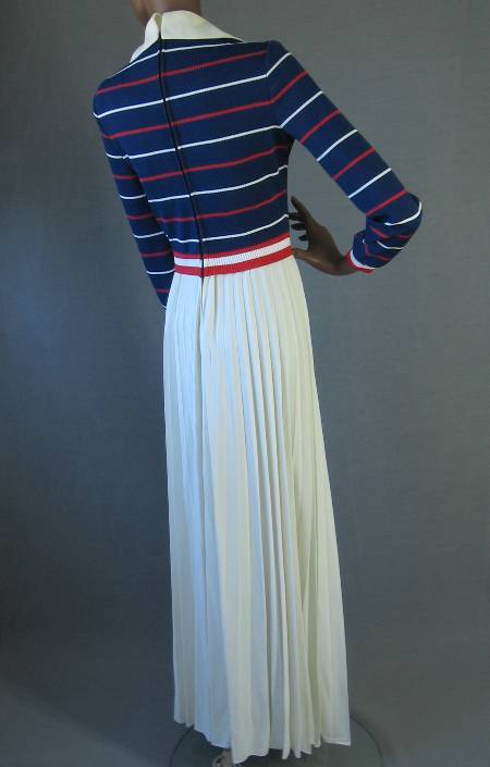 back view, patriotic long dress with striped fitted top and crystal pleated long skirt