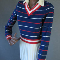 striped golf sweater-style bodice with vee neck and collar, 70s maxidress