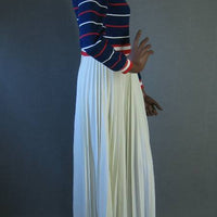 side view, patriotic maxi with snug top and pleated white skirt