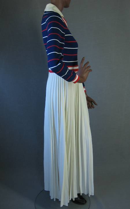 side view, patriotic maxi with snug top and pleated white skirt