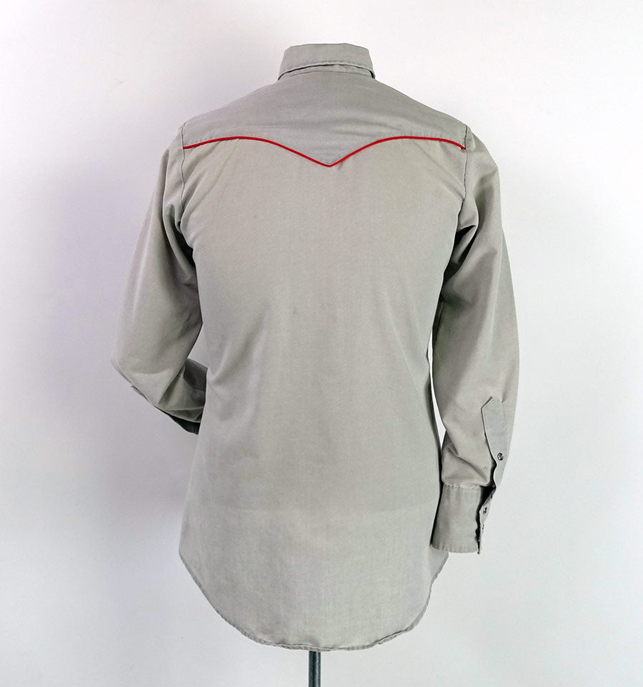 back view, gray western shirt with red trim