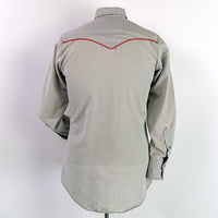 back view, gray western shirt with red trim