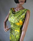 bodice with cowl neckline, bombshell dress green yellow print