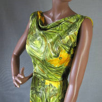 bodice with cowl neckline, bombshell dress green yellow print